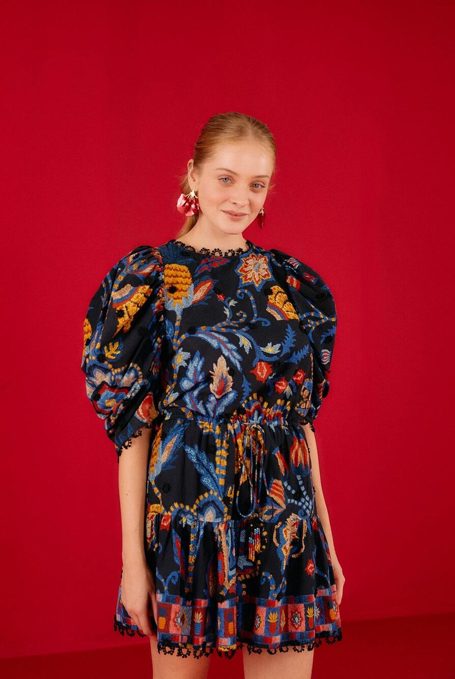 FARM RIO Women Sunset Tapestry Black Puffer Sleeve Mini Dress size M - Picture 1 of 16